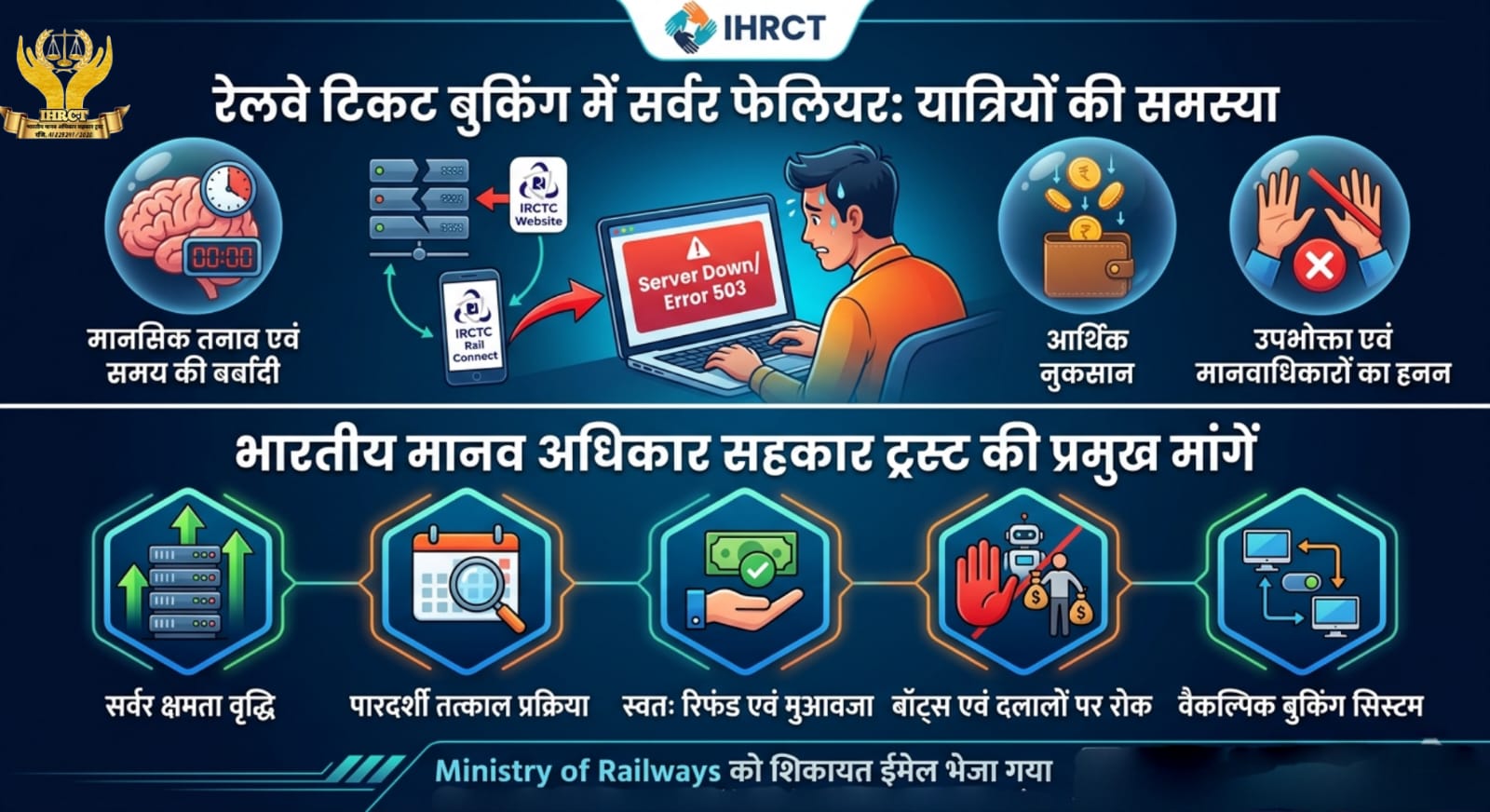 रेलवे ऑनलाइन टिकट बुकिंग में बार-बार सर्वर डाउन होना यात्रियों के अधिकारों का हनन: भारतीय मानव अधिकार सहकार ट्रस्ट